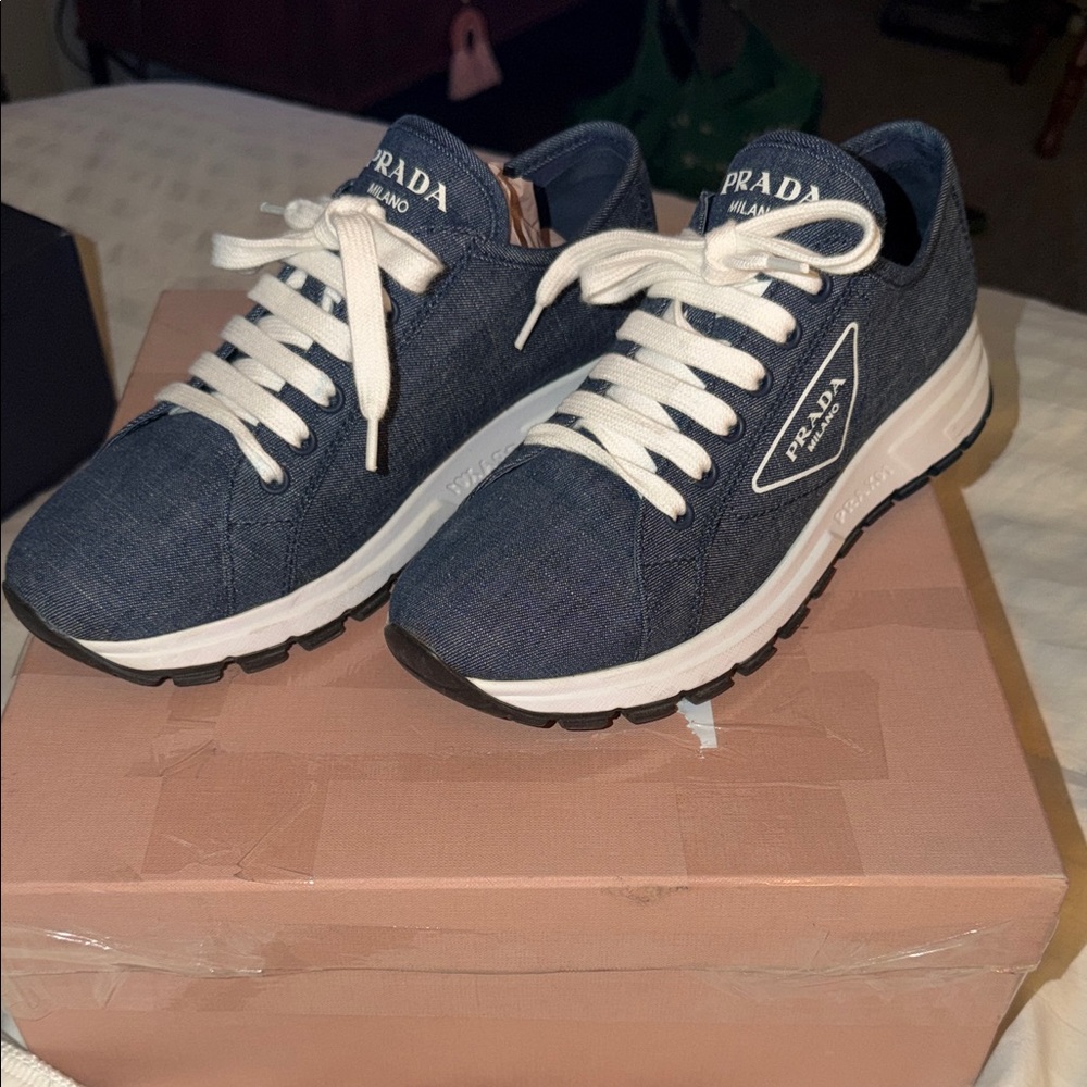 Prada Blue Denim Sneakers with White Accents
